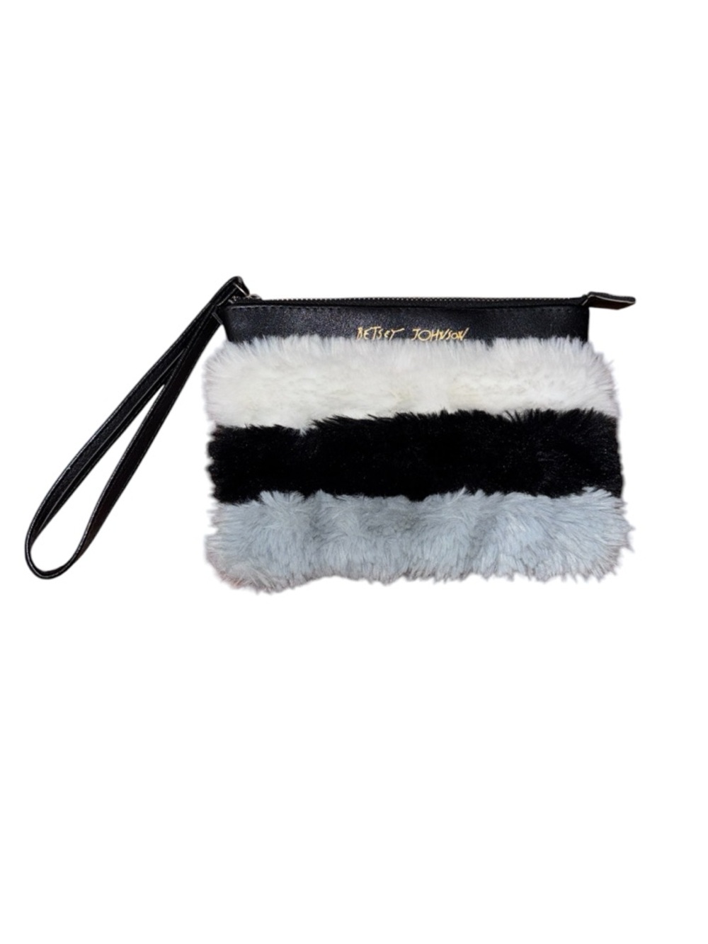 Betsey Johnson Faux Fur Wristlet Clutch Black, White, Gray Stripe Y2K
